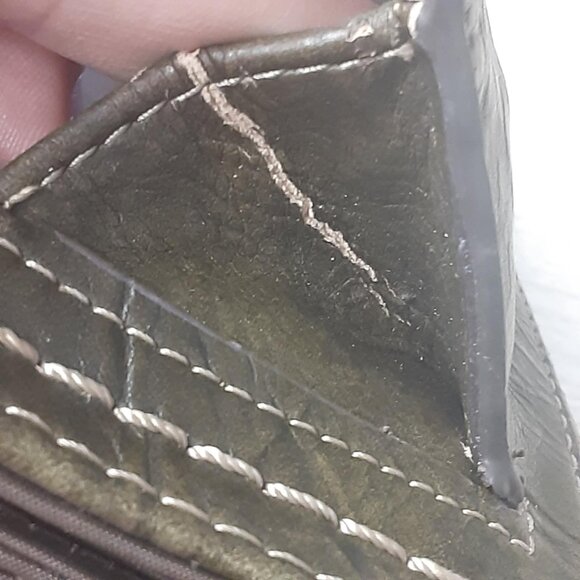 BOC Wallet Faux Leather olive green White Stitch Trim Silver Metal Logo Accent - Picture 10 of 11